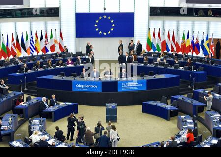 Former Kremlin prisoner and Ukrainian film director Oleg Sentsov arrives to receive the 2018 European Parliament's Sakharov human rights prize during an award ceremony at the European Parliament in Strasbourg, eastern France, on November 26, 2019. Photo by Nicolas Roses/ABACAPRESS.COM Stock Photo