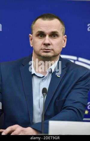 Former Kremlin prisoner and Ukrainian film director Oleg Sentsov arrives to receive the 2018 European Parliament's Sakharov human rights prize during an award ceremony at the European Parliament in Strasbourg, eastern France, on November 26, 2019. Photo by Nicolas Roses/ABACAPRESS.COM Stock Photo