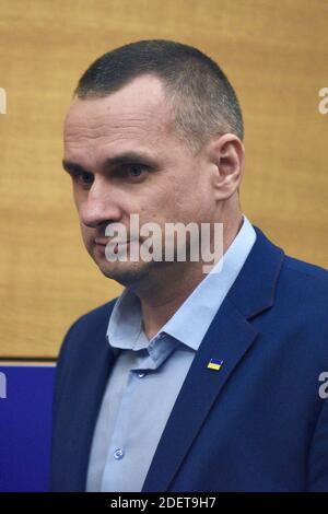 Former Kremlin prisoner and Ukrainian film director Oleg Sentsov arrives to receive the 2018 European Parliament's Sakharov human rights prize during an award ceremony at the European Parliament in Strasbourg, eastern France, on November 26, 2019. Photo by Nicolas Roses/ABACAPRESS.COM Stock Photo