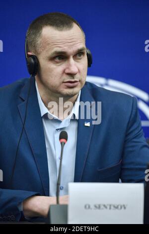 Former Kremlin prisoner and Ukrainian film director Oleg Sentsov arrives to receive the 2018 European Parliament's Sakharov human rights prize during an award ceremony at the European Parliament in Strasbourg, eastern France, on November 26, 2019. Photo by Nicolas Roses/ABACAPRESS.COM Stock Photo