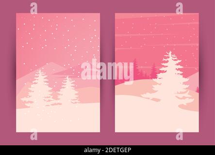 beauty two pink winter landscapes scenes vector illustration design Stock Vector