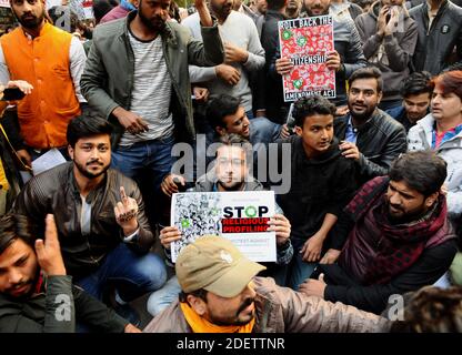 Protesters hold placards during a protest against the Citizenship Amendment Bill, that seeks to give citizenship to religious minorities persecuted in neighbouring Muslim countries, in New Delhi, India, on Saturday December 14, 2019. Photo by Akash Anshuman/ABACAPRESS.COM Stock Photo