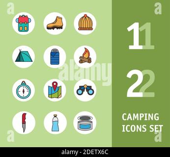 bundle of twelve camping set line and fill icons and lettering Stock Vector