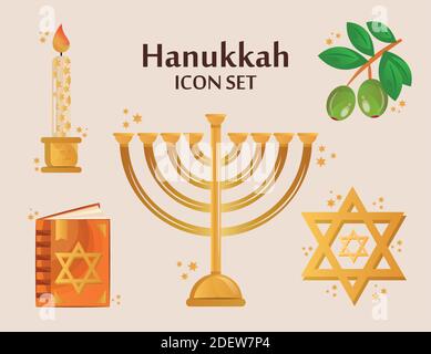 bundle of five hanukkah set icons and lettering Stock Vector