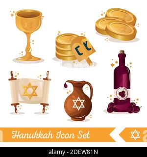 bundle of six hanukkah set icons and lettering Stock Vector