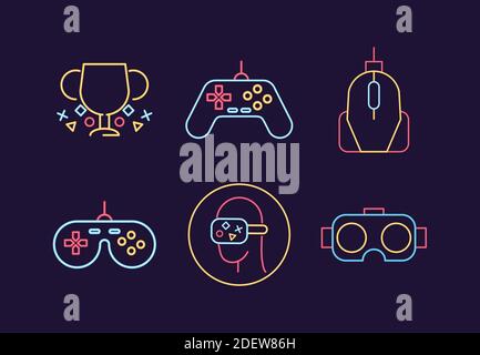 bundle of six video game neon style icons vector illustration design Stock Vector