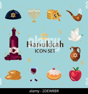 bundle of twelve hanukkah set icons and lettering Stock Vector