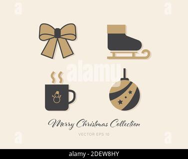 Beautiful Christmas gold and gray theme flat icon pack of 4 designs on beige color background Stock Vector