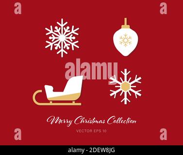 Beautiful white and gold theme Christmas flat icon set of 4 designs on red background Stock Vector