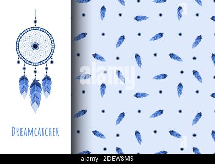 Dream catcher with Fatima eye. Seamless pattern with feathers. Stock Vector