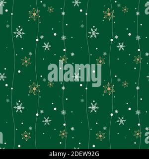 Christmas snowflake seamless pattern on green winter background for gift wrapping paper, digital scrapbook etc. Stock Vector