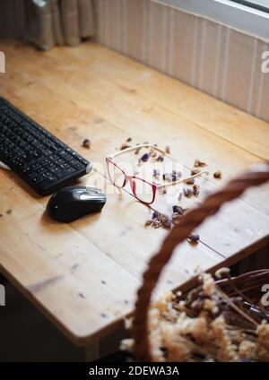 Keyboard and mouse on the wooden desk Stock Photo