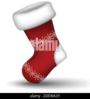 3d realistic vector knitted winter red Christmas sock. Isolated on white background. Stock Vector