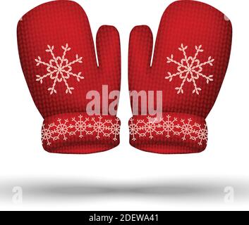 3d realistic vector knitted winter red gloves. Isolated on white background. Stock Vector