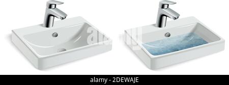 3d realistic vector illustration of porcelain white washing sink and water tap, with and without water. Stock Vector