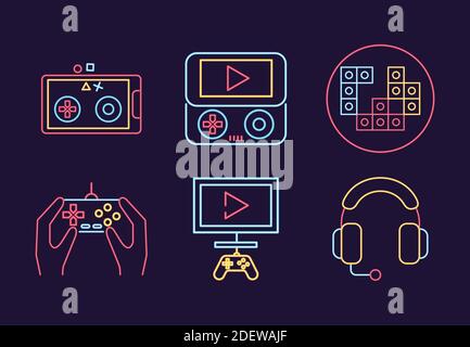 bundle of six video game neon style set icons vector illustration design Stock Vector