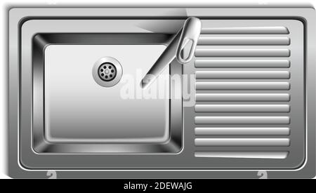 Vector realistic metal sink from top view. Isolated on white background. Stock Vector