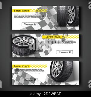 Advertisement posters for your business. Vector realistic 3d car tires illustration for your store on checkered flag background. Black rubber tire sal Stock Vector