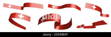 Set of holiday ribbons. Swiss flag waving in wind. Separation into lower and upper layers. Design element. Vector on white background Stock Vector