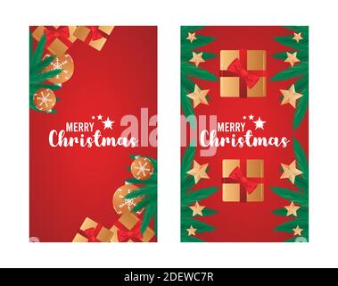 happy merry christmas letterings red cards with golden gifts vector illustration design Stock Vector