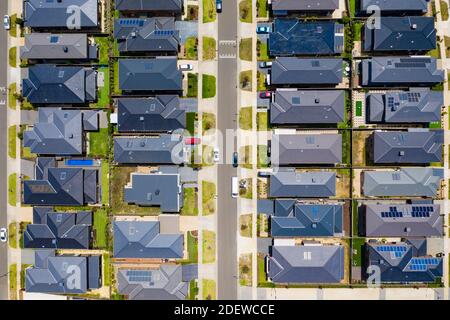 Aerial top down photo of contemporary houses in a suburb in Melbourne Stock Photo