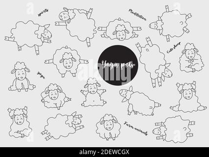 Yoga pets. Lovely sheep get up in an asana and go in for sports, gymnastics and meditation. Sheep yoga - set of linear pictures. Vector illustration. Stock Vector