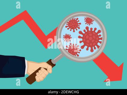 Hand holding a magnifying glass looking carefully at virus on a down trending market. Global pneumonia virus on financial market. Vector illustration Stock Vector