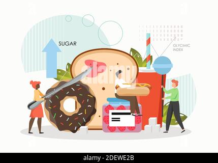 People eating sugar, bread, donut, lollypop, hot dog, flat vector illustration. Unhealthy high level of carbs foods. Stock Vector
