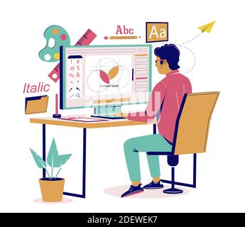 Graphic designer creating logo design, vector flat isometric illustration. Stock Vector