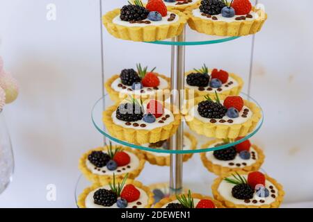 Fruit tarts mini dessert on acrylic tiered stand. Close up. Stock Photo