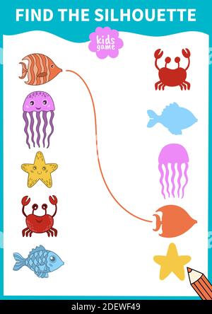 Children board game for preschoolers and primary school students.Page for kids educational book.Underwater life and marine animals. Stock Vector