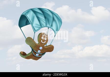 Gingerbread man with a face mask concept as a winter holiday season symbol for health and healthcare disease prevention medical equipment parachute. Stock Photo