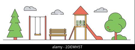 Playground for children. The landscape of the park with a swing, bench and slide. Colour vector illustration isolated on white background. Stock Vector