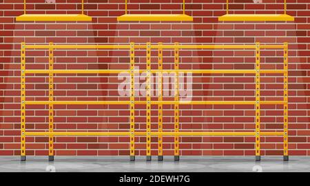 Metal yellow standing rack. Empty metallic storage shelves in building. Warehouse equipment and tools. Logistic and delivery, store interior parts. Cartoon flat vector illustration Stock Vector