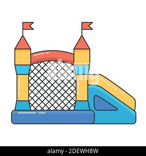 Bouncy inflatable castle. Tower and equipment for child playground. Vector line illustration isolated on white background. Stock Vector