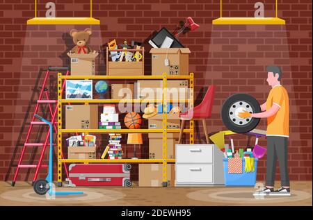 Storeroom or house cellar interior. Modern storage room. Metal shelves with household items. Rack full of cardboard boxes, stair, cleaning accessories and furniture. Flat vector illustration Stock Vector