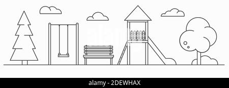 Playground for children. Line art illustration. Landscape of park with swing, bench and slide. Outline vector illustration isolated on white backgroun Stock Vector