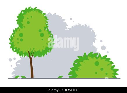 Landscape with tree and bush. Park or forest background. Vector flat cartoon illustration Stock Vector