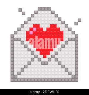 Red heart in envelope with pixel brick blocks toy. Vector cartoon icon illustration Stock Vector