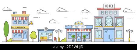 Vector landscape in line art style. Outline street with houses, buildings, trees and clouds. Cafe, pharmacy, hotel and bus stop. Coloured illustration Stock Vector