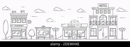 Vector landscape in line art style. Outline street with houses, buildings, trees and clouds. Cafe, pharmacy, hotel and bus stop. Illustration isolated o Stock Vector