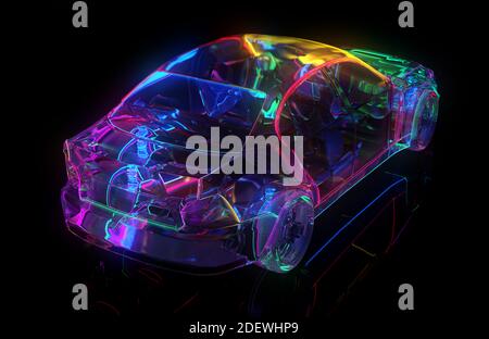 Glass car with neon lighting. The edges of the car are highlighted ...