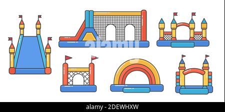 Set of the bouncy inflatable castles. Tower and equipment for child playground. Vector colour line illustration isolated on white background. Stock Vector