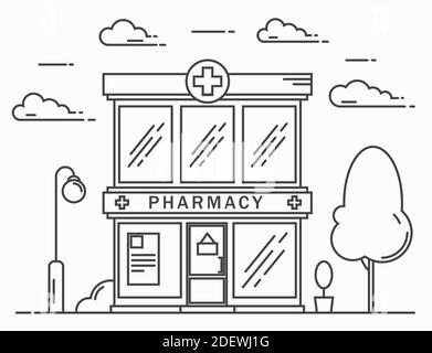 Pharmacy building line medicine concept. The architectural form can be used for website design, infographics. Vector illustration Stock Vector