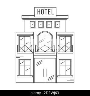 Hotel building outline. Vector line-art illustration isolated on white background. Stock Vector