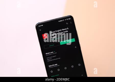 Assam, india - November 29, 2020 : India today logo on phone screen stock image. Stock Photo