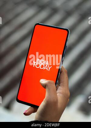 Assam, india - November 29, 2020 : India today logo on phone screen stock image. Stock Photo