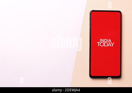 Assam, india - November 29, 2020 : India today logo on phone screen stock image. Stock Photo