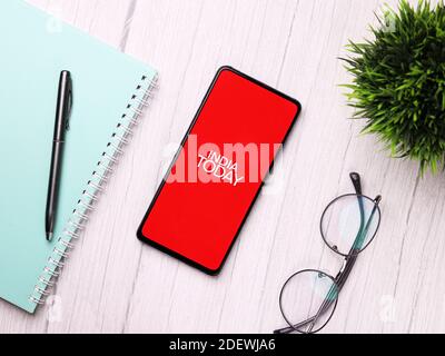 Assam, india - November 29, 2020 : India today logo on phone screen stock image. Stock Photo