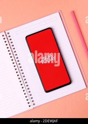 Assam, india - November 29, 2020 : India today logo on phone screen stock image. Stock Photo